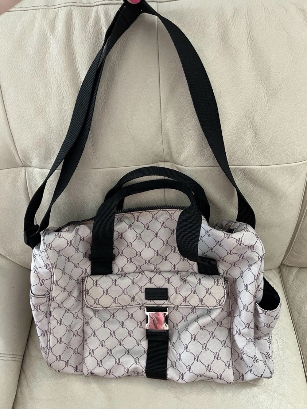 Lauren Ralph Lauren Beige Logo Buckle Accent Zipper Large Weekender Travel Bag